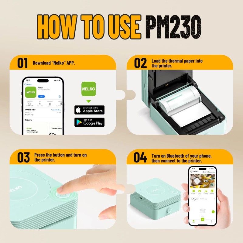 Nelko PM230 Mini Bluetooth Sticker Printer Black and White with