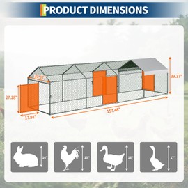Large Metal Chicken Coop, 160" x40" x40" Chicken Runs for Yard with Cover, Walk in Poultry Cage with 3 Lockable Doors, Metal Chicken Run, Outdoor Hen House for Rabbit Duck Goose