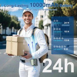 FUNNBIE Portable Waist Fan, 18000RPM 4 Speeds Powerful Airflow, 10000mAh Shirt Fan Clip on Rechargeable with Hands-Free 24H Cooling, Hanging Neck Belt Personal Fans for Outdoor Travel Fishing