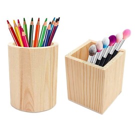 Pack of 2 Wooden Pen Holder Container, Round and Square Wooden Pen Holder, Desk Pen Pencil Cup, for Storing Pens, Pens, Makeup Brushes and Small Items