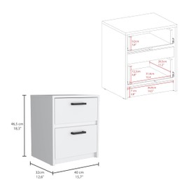 Dyncan Compact White Nightstand with 2 Drawers and Metal Handles for Bedroom or Living Room