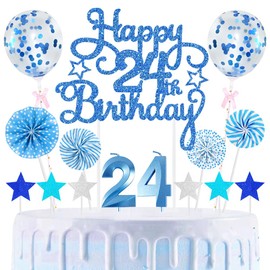24th Geburtstag Kuchen Dekoration Kuchen Toppers Zahl Kerzen Birthday Torten Dekoration Sternen Papierfächer Ballon Torte Toppers Kuchendeko für 24. Geburtstag Dekorationen Party Zubehör, Blau
