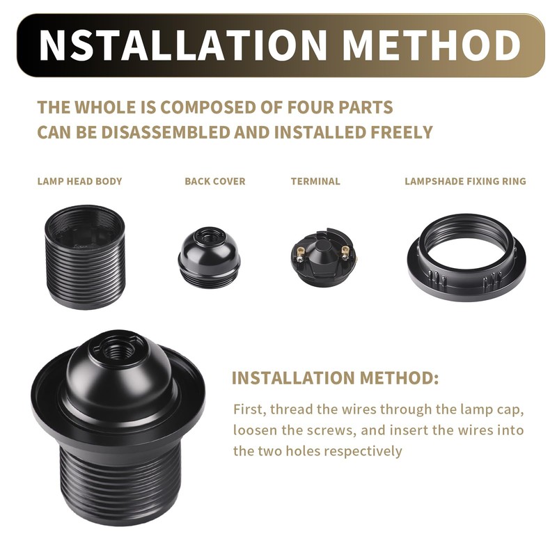 E27 Lamp Holder Black Compatible with Vintage Pendant Lights, Self-Locking