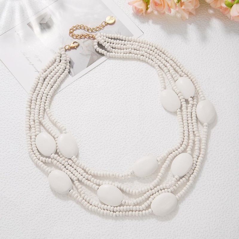 Multi Colour 5 Layers Wooden Beads Strand Statement Necklace for