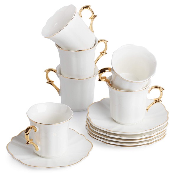 BTaT- Small Espresso Cups and Saucers, Set of 6 Demitasse Cups (2.4 oz) with Gold Trim and Gift Box, Small Coffee Cup, White Espresso Cup, Turkish Coffee Cup, Porcelain Espresso Cup
