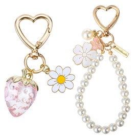 FdcLixuvol 2 Pcs Pink Cute Strawberry Keychain Bag Charm, Purse Charms Flower Cherry Blossom Pearl Heart Keychain Charms Strawberry Accessories Decor for Women, Girls, Handbags