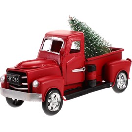 NUOBESTY Christmas Truck Red Model Vintage Metal Car Figurine Collectible Toy With Mini Christmas Tree For Table Top Ornament Decoration