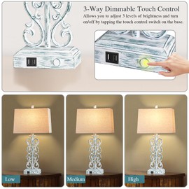 AIEAMPDO 25" Coastal Set of 2 Touch Resin Table Lamps for Living Room with 3-Way Dimmable Dual USB Ports, Rustic Farmhouse Lamps for Bedside Bedroom, Nightstand Home Decor, 2 Bulbs Included