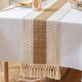 meioro Boho Bicolour Stitching Table Runner, 30 x 120 cm, Woven Linen Table Decoration with Tassels, Macrame Modern Table Linen for Tabletop Decor, Indoor, Kitchen, Dining Room, Living Room (Cream &