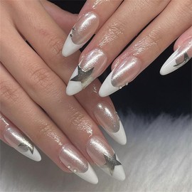 DOCVOEOMH Y2K Press on Nails Short Medium Almond Shaped French White Acrylic Fake Nails with Silver Star Design Glue on Full Cover Artificial Gel False Stick on Nail for Girls Women Wedding 24Pcs