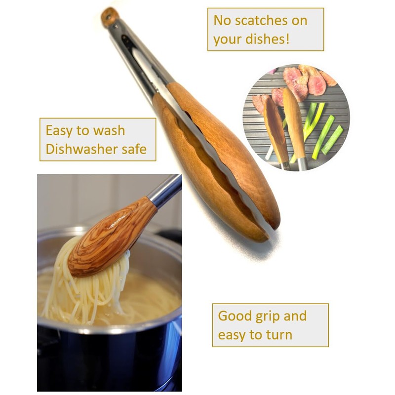 Wooden Kitchen Tongs, 30 cm, Sustainable, for Cooking, Grilling and