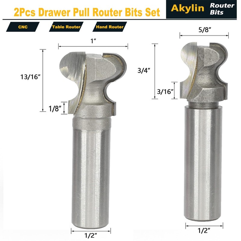 Akylin 2pcs Finger Pull Router Bits Set 1/2 Inch Shank,Drawer