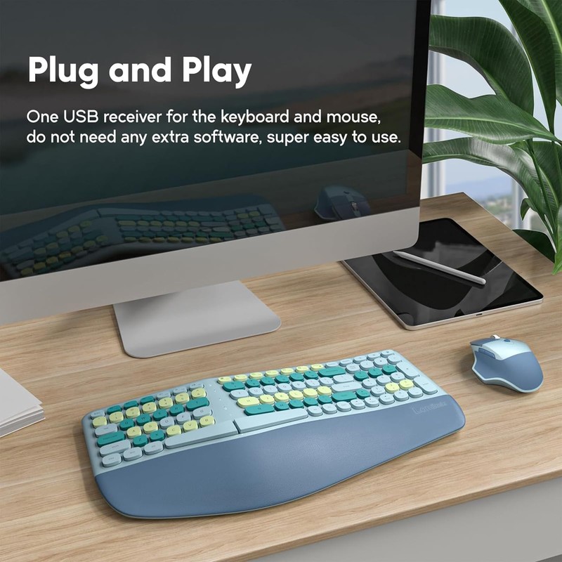 Wireless Ergonomic Keyboard and Mouse Combo with PU Wrist Rest,