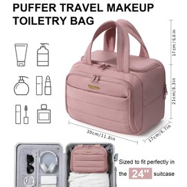 Bagstellar Travel Toiletry Bag for Women, Lightweight Large Quilted Puffy Makeup Bag Wide-open Make up Organizer Cloud Cosmetic Bag w/Handle for Traveling, Toiletries Essentials Accessories Dark Pink