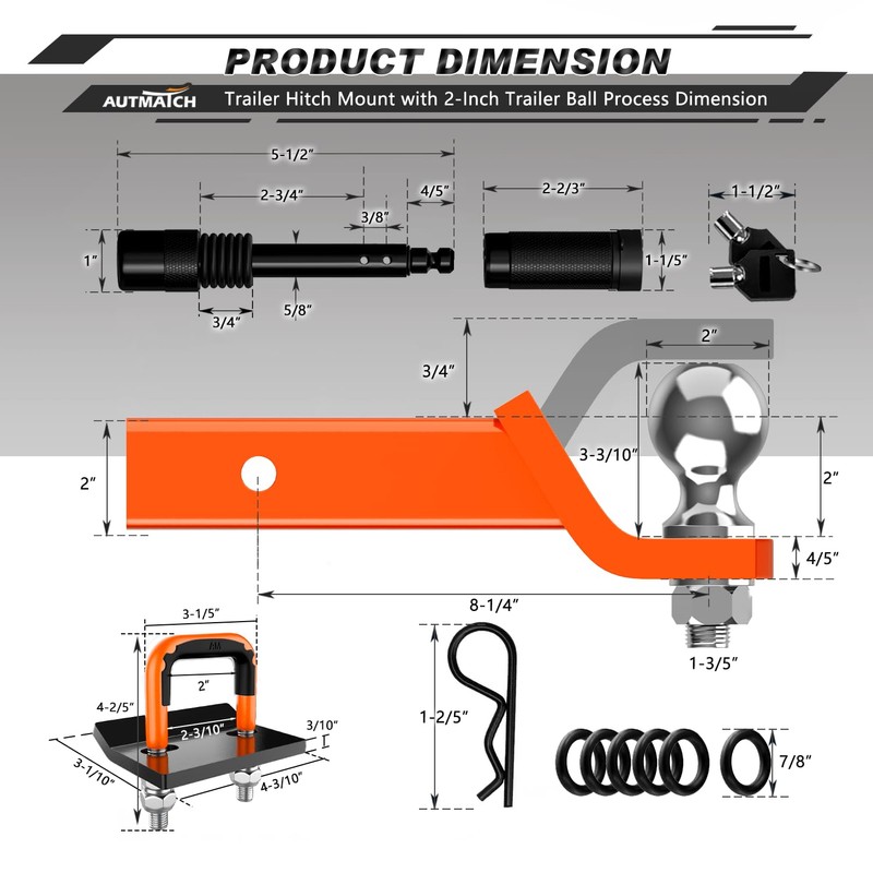 AUTMATCH Trailer Hitch Ball Mount with 2 Inch Hitch Ball