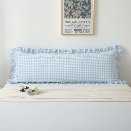 K MASANIJI Light Blue White Plaid Ruffle Gingham Bedding Body Pillow Cover, 100% Cotton Checkered Vintage Farmhouse Decorative Bed Pillow Sham Envelope Closure - 20''x54''