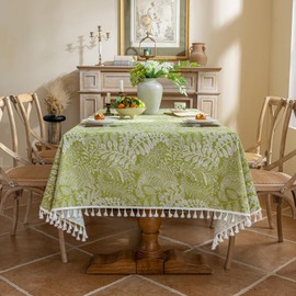 Rakila Rectangle Vintage Cotton Linen Tablecloth with Stitching Tassels Washable Fabric Table Cover for Dining Kitchen Tea Party, 60 x 102 Inches, Olive Green Leaves