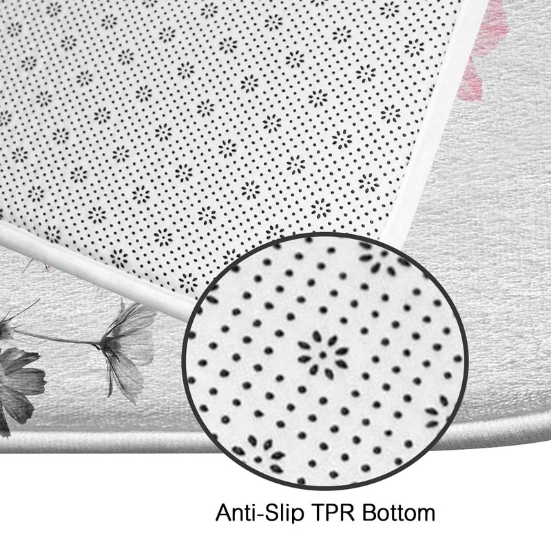 Kikiry Pink Gray Shower Curtain Set 4Pcs Daisy Floral Grey