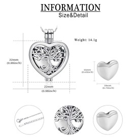 Tree of Life Urn Necklaces for Ashes Heart Shape Cremation Jewelry Memorial Keepsake Jewelry Gifts for Women Men Memorial Lockets Ashes Holder for Pet (Silver)