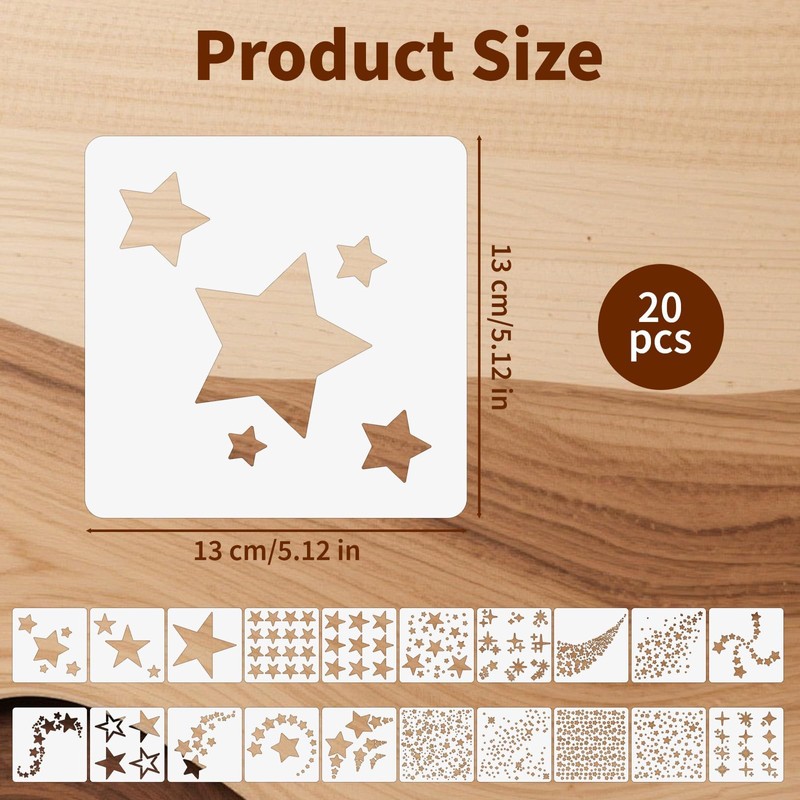 20 Pcs Star Stencils for Painting, Reusable DIY Star Drawing