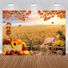 CHAIYA 7x5ft Autumn Thanksgiving Backdrop Autumn Harvest Backdrop Haystack Pumpkin Background Sunflower Maple Leaves Thanksgiving Banner Decoration