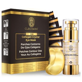 CLEOSKIN Kit Crema contorno de ojos de Perlas Coreanas y 25 parches 24k oro, elimina ojeras, iguala el tono de la piel, reafirmante, hidratante, skincare coreano, Belleza