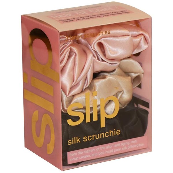Slip Silk Large Scrunchies in Black, Pink, and Caramel - 100% Pure 22 Momme Mulberry Silk Scrunchies for Women - Hair-Friendly + Luxurious Elastic Scrunchies Set (3 Scrunchies)