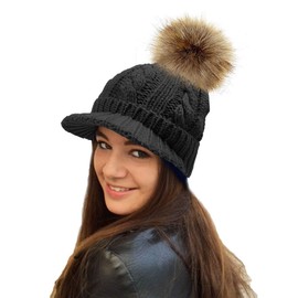 ROCKJOCK Women's Warm Fleece Lined Knitted Peaked Beanie Cap with Removable Faux Fur Pom Pom -
