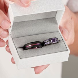 SHELOVES Black Plated Couples Women Purple Wedding Rings Sets His and Hers Men Tungsten Wedding Band 8+6.5
