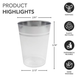 Party Essentials Disposable All-Purpose 10 oz Plastic Tumblers Drinking Cups for Wine/Sparking/Appetizer/Dessert, 50-Count, Clear with Silver Rim
