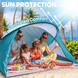 Chihee Pop-Up Beach Tent for 1-2 Person UV Protection Silver Coated Fabric Portable Sun Shelter,Crossed Fiberglass Poles Windproof Sandbags Ropes Pegs, Lightweight Instant Setup Beach Outdoor Shade