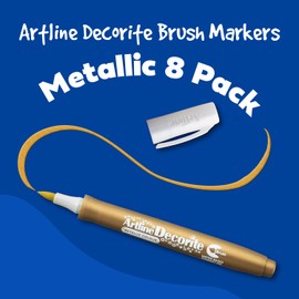 Artline Decorite Metallic Water Based Brush Marker, Pigment Ink, Xylene-free, Fast Drying, For Card Making, Coloring, Scrapbook, Photo Album, Rock Art, Set Of 8 Metallic Colors