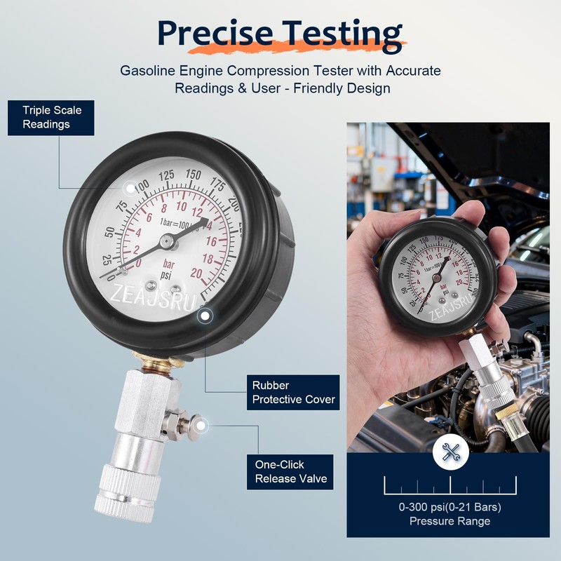 ZEAJSRU Engine Compression Tester Kit 8PCS, 0-300 PSI Cylinder Pressure