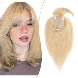 S-noilite Real Hair Topper Upgraded Silk Base Clip In Topper with Wispy Bangs for Women Crown Human Hair Topper for Thin Hair 120% Density(12 Inch,Natural Blonde)
