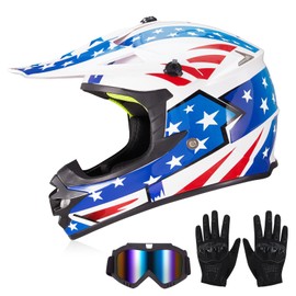JQF Gear Youth Kids Dirt Bike Helmets Motocross Offroad ATV BMX MX Dirtbike Motorcycle Helmet J-01 with Goggles and Gloves DOT Approved (Patriotic Flag, M)