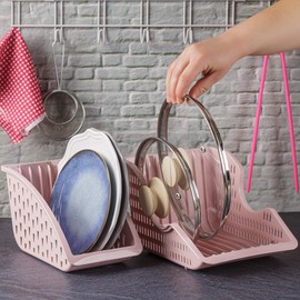 Crystalia Plastic Kitchen Cabinet Organizer for Dishes, Vertical Plate Storage Set for Countertop, Lid –Plate – Pan Holder Rack, Kitchenware Divider for Under Cabinet, Compact Clutter Organizer, Pink