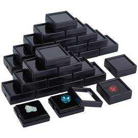 BENECREAT 48 Pack Gemstone Display Box, Plastic Diamond Display Case, Black Jewellery Box with Transparent Lids for Gemstones, Coins, Diamond, Gift Packaging, 4 x 4 x 1.5 cm