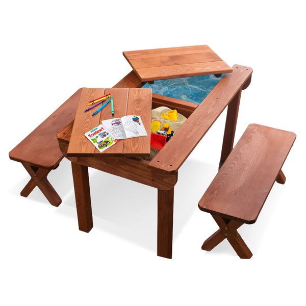 Back Bay Play 3 in 1 Wooden Convertible Sand and Water Table Indoor Outdoor Kids Picnic Table Activity Sensory Table with Removable Lids and Umbrella