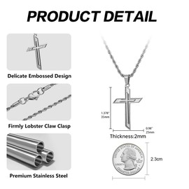 murtoo Cross Necklace for Men, Stainless Steel Embossed Cross Pendant Necklace with Twist Rope Chain Wheat Chain, Cross Necklace Men (22", Silver-Twisted Rope Chain)