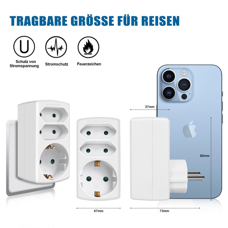 EXTRASTAR Multi-socket 3-way socket adapter, 2 Euro + 1 Schuko