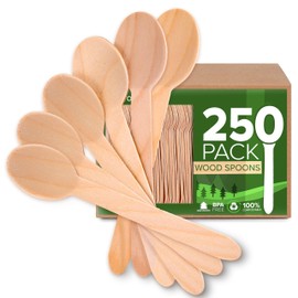 100% Wooden Disposable Spoons, (250 Count) Planet Friendly Utensils, Compostable Cutlery Spoons For Parties, Concession stands And Hosting