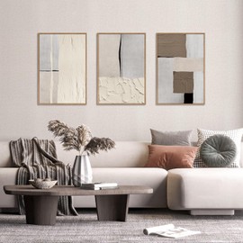 LHIUEM Large Abstract Neutral Framed Canvas Wall Art Set,Mid Century Beige Textured Wall Decor,Brown Gray Block Art Painting for Living Room,Bedroom,Dining Room,Office -26"x36"x3