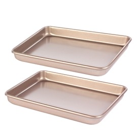 Barlket Baking Sheet Tray 9 x 11 Inch Cookie Sheet Nonstick, 2-Pack Heavy Duty Small Baking Pans, Carbon Steel, Gold - Bakeware Sets for Cookies, Roasting, Oven Safe, Easy to Clean