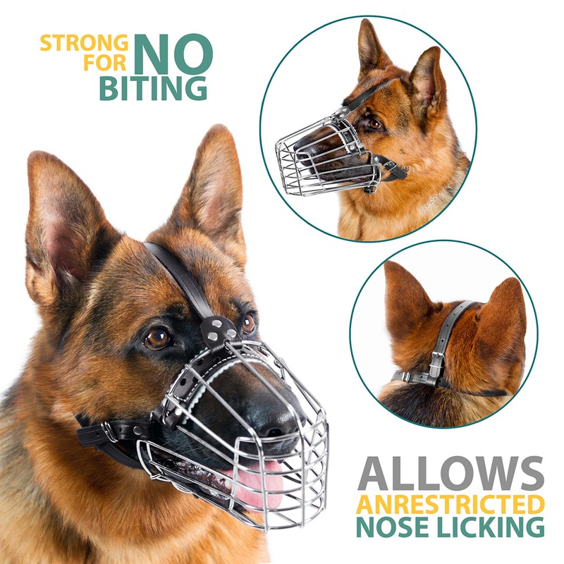 Dog Chrome Metal Muzzles Wire Basket Adjustable Leather Straps German