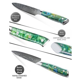 SANMUZUO 5 Inch Kitchen Utility Knife - Xuan Series Kitchen Knives - VG10 Damascus Steel with Resin Handle (Jade Green)