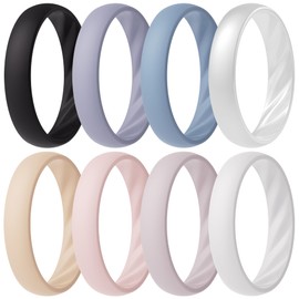 ThunderFit - Anillo de boda de silicona para mujer, elegantes ranuras onduladas, 4 mm de ancho, 1,6 mm de grosor, transpirable, anillos de compromiso de goma para mujer, paquete de 8 (ZJ-ZP), 8.5 - 9