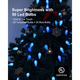TOPKDA C9 LED Christmas String Lights, 33.33ft 50 LED Outdoor Indoor Decorative Light Strand, Xmas Holiday Lights for House, Christmas Tree, Patio, Party Decoration, Turquoise & Ice Blue, UL Listed