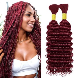 Burgundy Human Braiding Hair 14 Inch Deep Wave Bulk Human Hair for Braiding No Weft 2 Bundles 100g Curly Braiding Hair Brazilian Curly Human Hair Extensions for Boho Braids 99J Red Braiding Hair