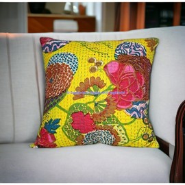 Chic Decorative Cover Bohemian Hippie Sofa Pillow Case Fruit Handmade Cushion Kantha Cotton Throw Boho Pillow Covers (Lemon, 24" x 24")