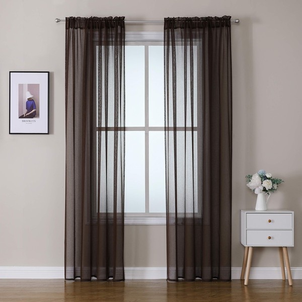 MIULEE 2 Panels Sheer Soft Polyester Fabric Sheer Pure Colour Smooth Elegant Warm Window Voile Curtain for Child's Bedroom Baby Living Room Pocket Rod 140 x 260 cm Chocolate